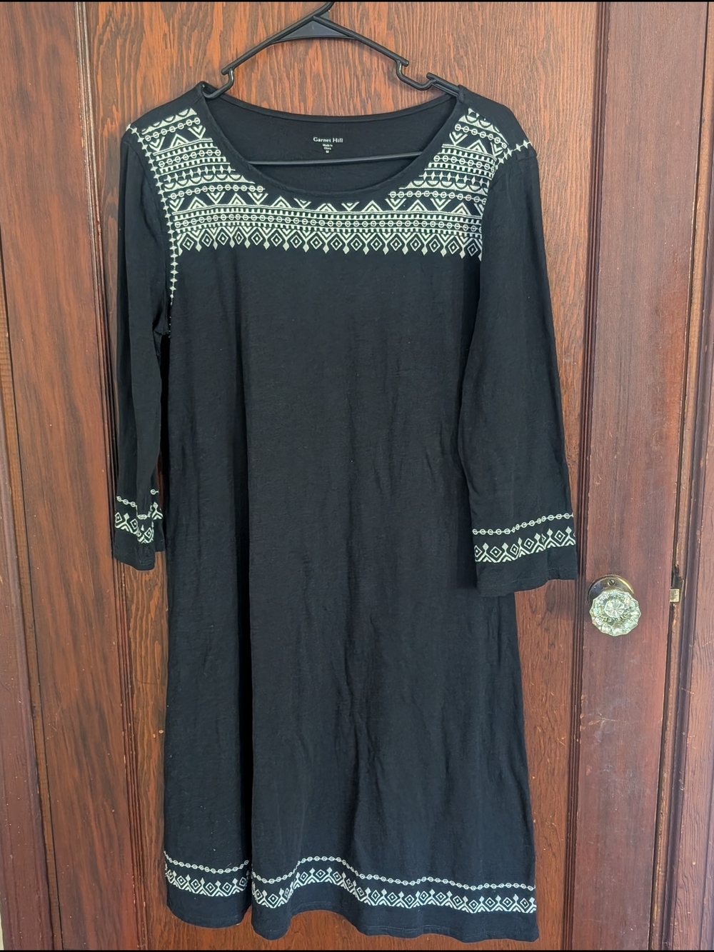 Garnet Hill Black Long-Sleeve Scoop-Neck Dress with White Embroidery